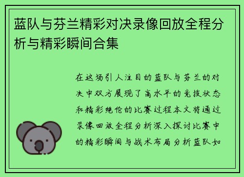 蓝队与芬兰精彩对决录像回放全程分析与精彩瞬间合集
